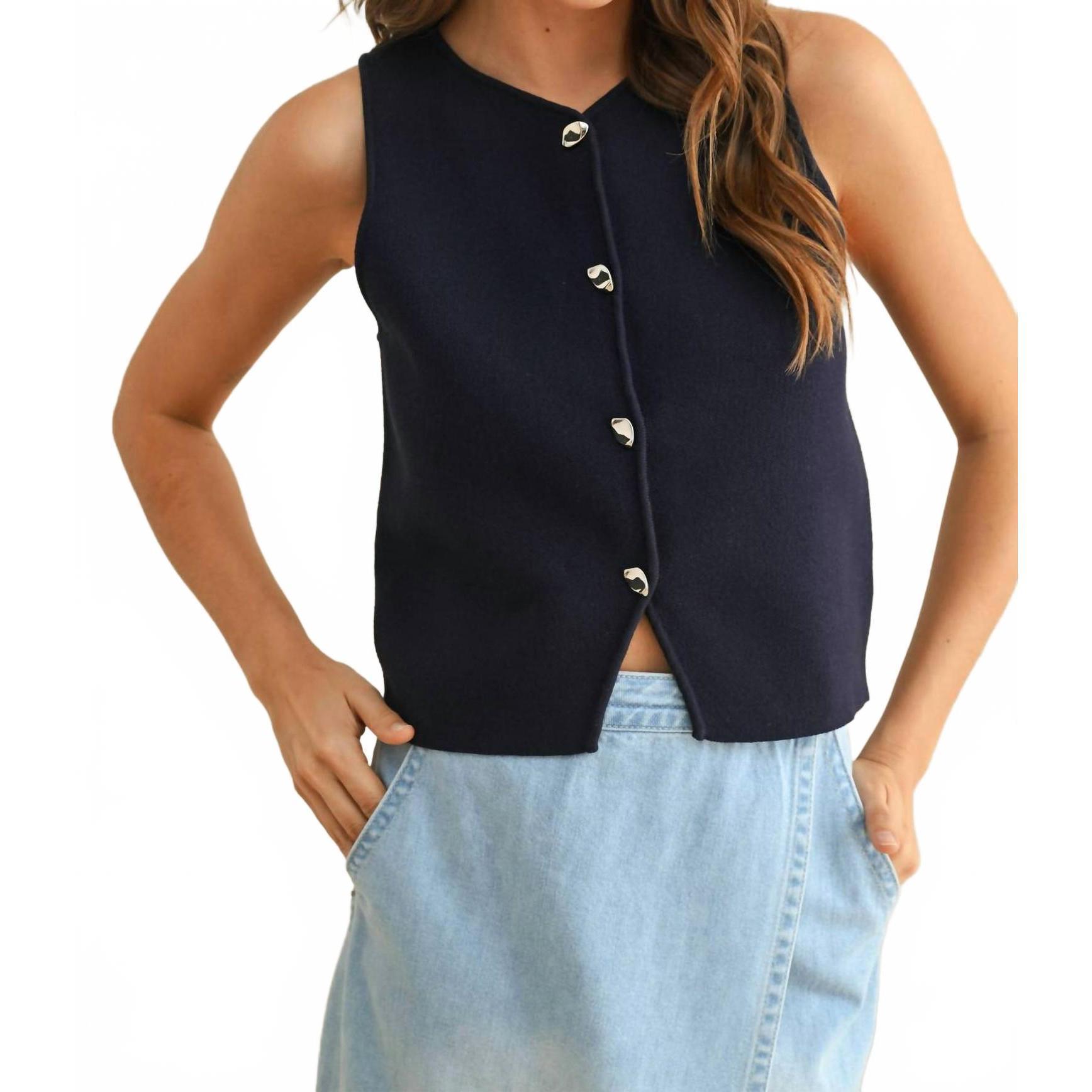 New Miou Muse J'adore Sculpted Metal Button Knit Vest In Dark Cobalt